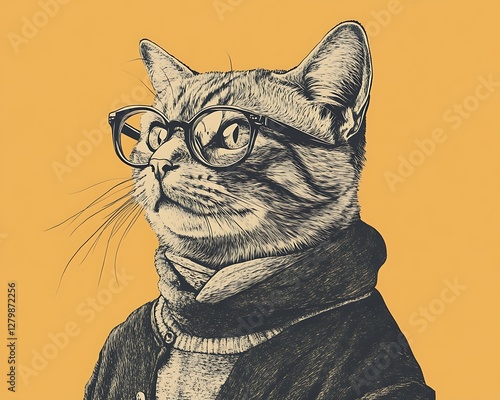 Stylish cat portrait, orange background, thoughtful expression