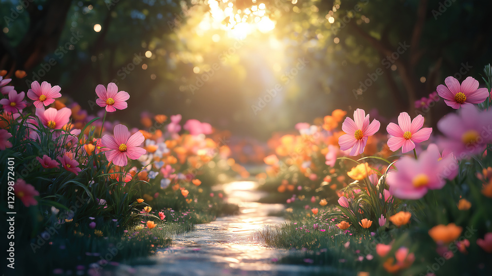 Vibrant cosmos flower blossoms dotting a garden, highlighting their intricate details Vibrant cosmos flower blossoms dotting a garden, highlighting their intricate details