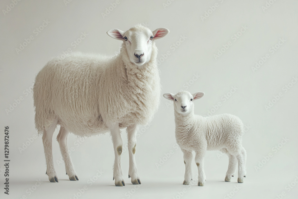 Fototapeta premium Sheep and lamb standing on a white background. Animals side portrait. 