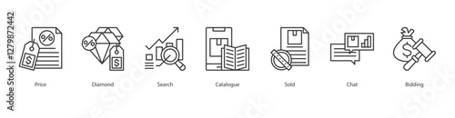 Compliance Monitoring Icon Sheet price, diamond, search, catalogue, sold, chat, bidding