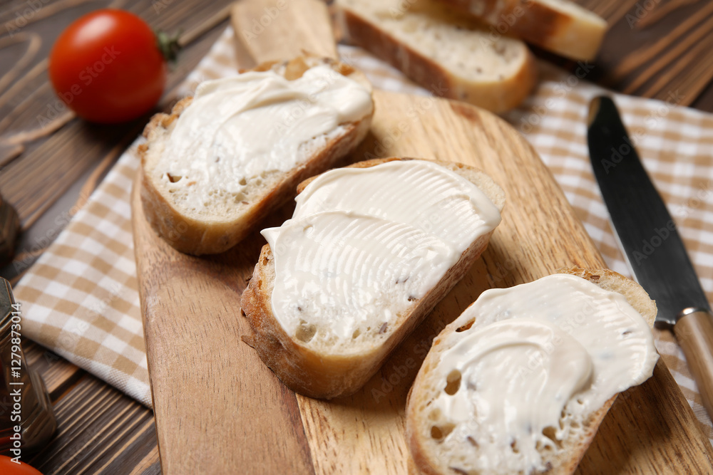 Cutting board of tasty bruschetta with processed cheese and fresh tomato on wooden background, closeup Cutting board of tasty bruschetta with processed cheese and fresh tomato on wooden background, closeup