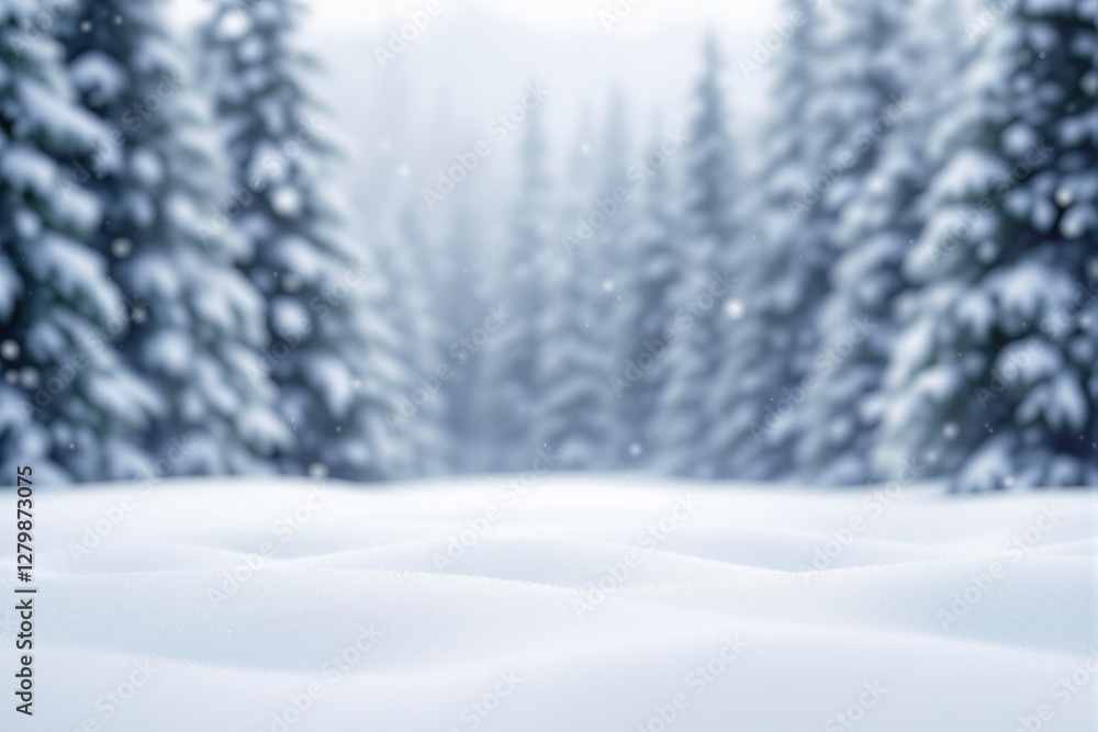 Fototapeta premium Snow-covered landscape with soft snowdrifts in the foreground and blurred, snow-laden evergreen trees in the background. Concept of winter serenity. Ai generative