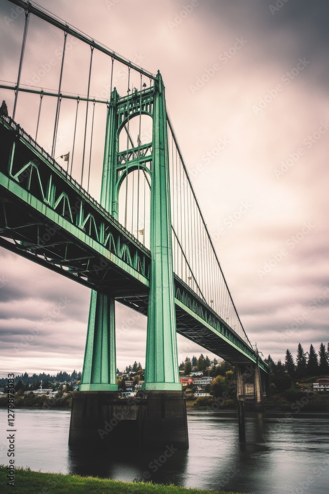 Fototapeta premium Green suspension bridge spans across river with clouds overhead and trees in the background