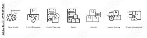 Cost Optimization Icon Sheet supply, cargo service, freight protection, custom clearance, barcode, express delivery, shipping dangerous