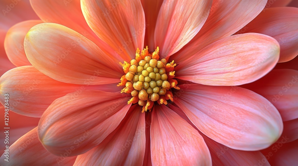 Fototapeta premium Coral dahlia closeup, garden bloom, blurred background, design