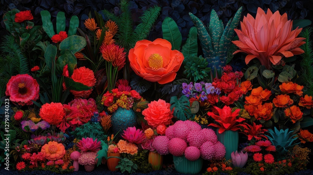 Vibrant artificial floral arrangement, dark background, studio shot, design inspiration Vibrant artificial floral arrangement, dark background, studio shot, design inspiration