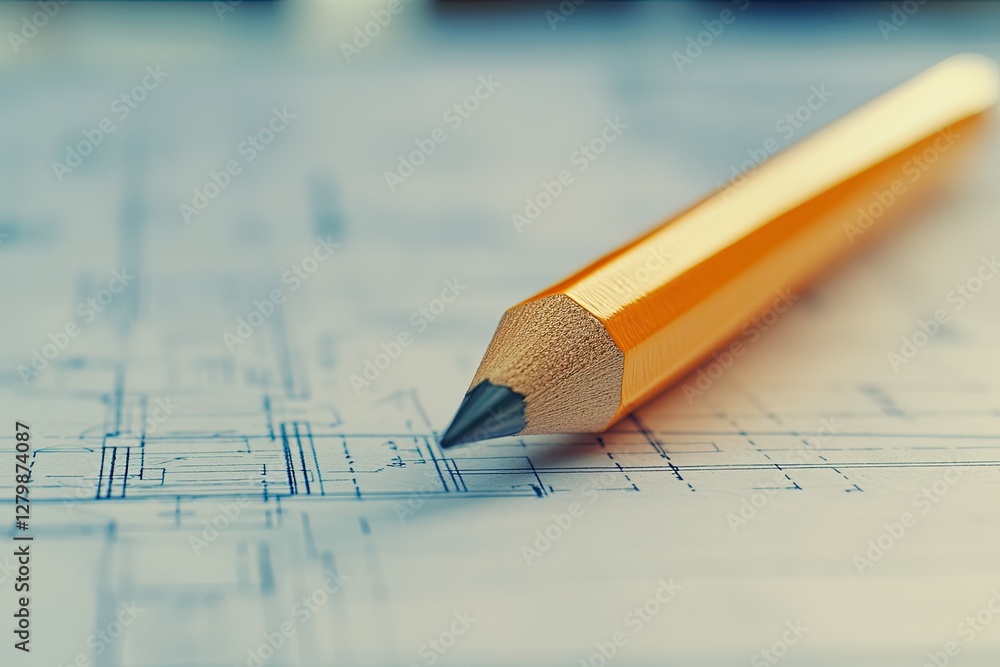 High Detail Picture of a Pencil Sitting on Top of a Blueprint High Detail Picture of a Pencil Sitting on Top of a Blueprint