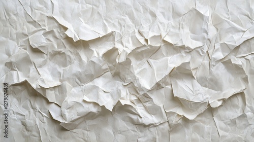 Highly textured, crumpled white paper background. Ideal for adding a distressed or aged feel to designs.