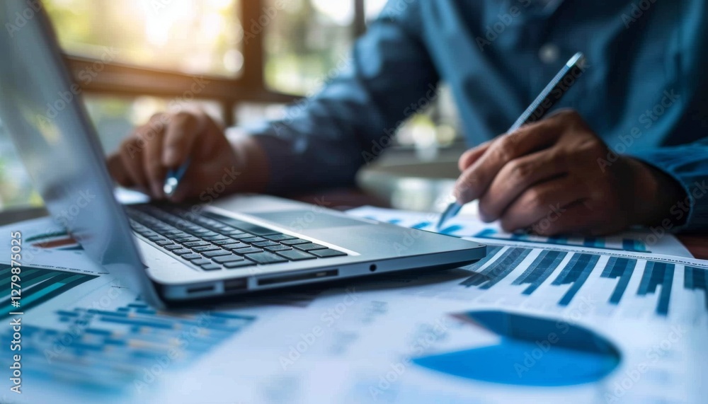 Hand of a Financial Expert Analyzing Business Finances with Backlighting Hand of a Financial Expert Analyzing Business Finances with Backlighting