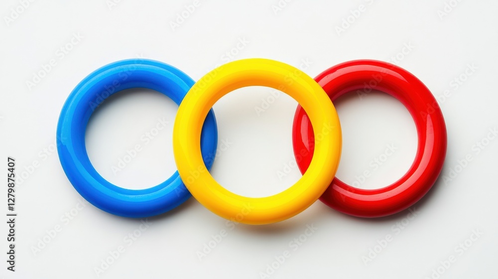 Three colorful interlocking rings in blue, yellow, and red on a white background, symbolizing unity Three colorful interlocking rings in blue, yellow, and red on a white background, symbolizing unity