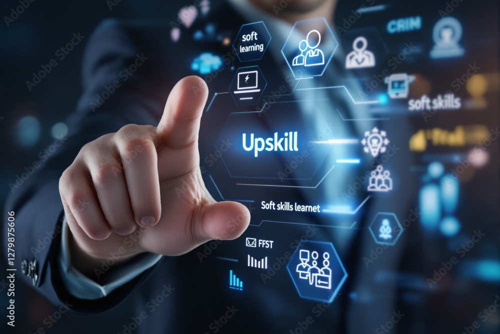 Fototapeta premium Businessman in suit touching virtual screen with upskill concept, futuristic interface with icons on dark background. Concept of career growth. Ai generative