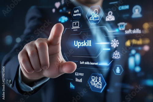 Businessman in suit touching virtual screen with upskill concept, futuristic interface with icons on dark background. Concept of career growth. Ai generative