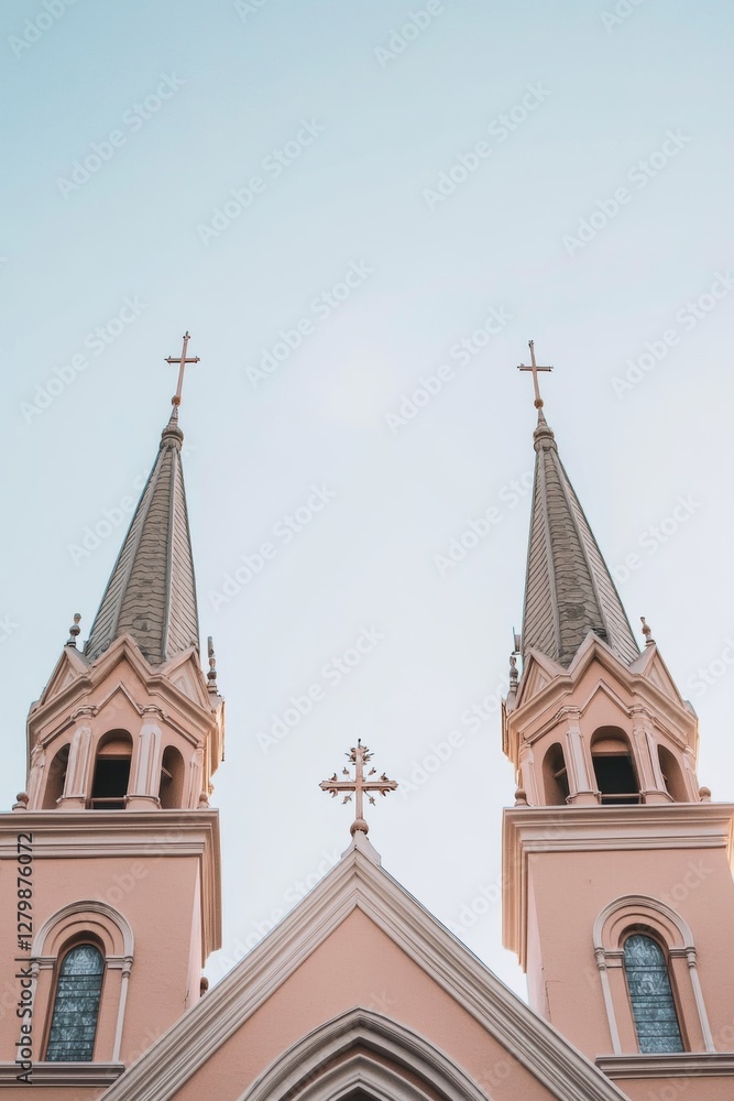 Pink church with tall spires under clear sky during daytime in a peaceful neighborhood Pink church with tall spires under clear sky during daytime in a peaceful neighborhood