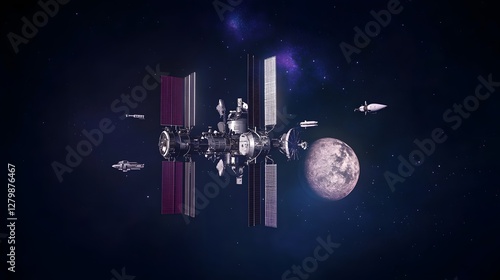 Fototapeta Naklejka Na Ścianę i Meble -  A space station orbits a moon in a dark, starry expanse. Several smaller spacecraft are nearby, creating a scene of cosmic exploration and technological advancement.