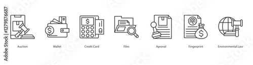 Risk Readiness Icon Sheet auction, wallet, credit card, files, aproval, fingerprint, environmental law