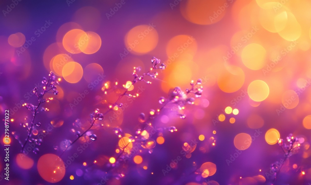 Vibrant Purple and Gold Background with Soft Bokeh Effects and Water Droplets on Delicate Flowers for Elegant Design and Presentation Needs Vibrant Purple and Gold Background with Soft Bokeh Effects and Water Droplets on Delicate Flowers for Elegant Design and Presentation Needs