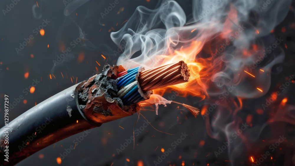 Naklejka premium flame, smoke, and sparks on an electrical cable, illustrating the dangers of fire hazards and electrical overloads. Perfect for safety campaigns, fire prevention, or hazard awareness content.