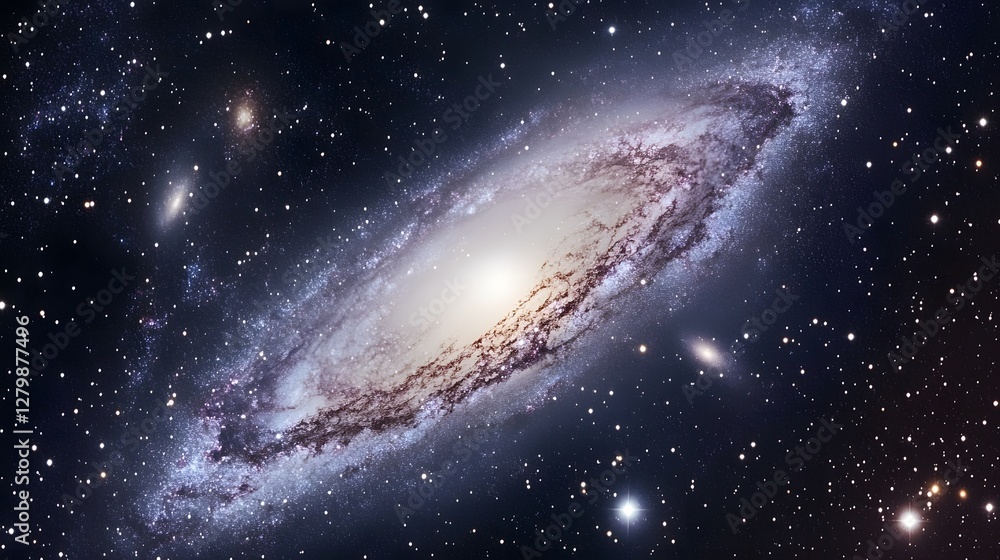 Fototapeta premium A breathtaking view of a spiral galaxy amidst a sea of stars. The galaxy's swirling arms and bright core are strikingly detailed against the dark backdrop of space. Distant galaxies are also visible.