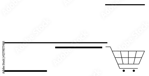 Shopping cart on wheels with linear elements suggesting motion and minimalistic design. Ideal for retail, e-commerce, sales, logistics, shopping experience, technology, and abstract line flat
