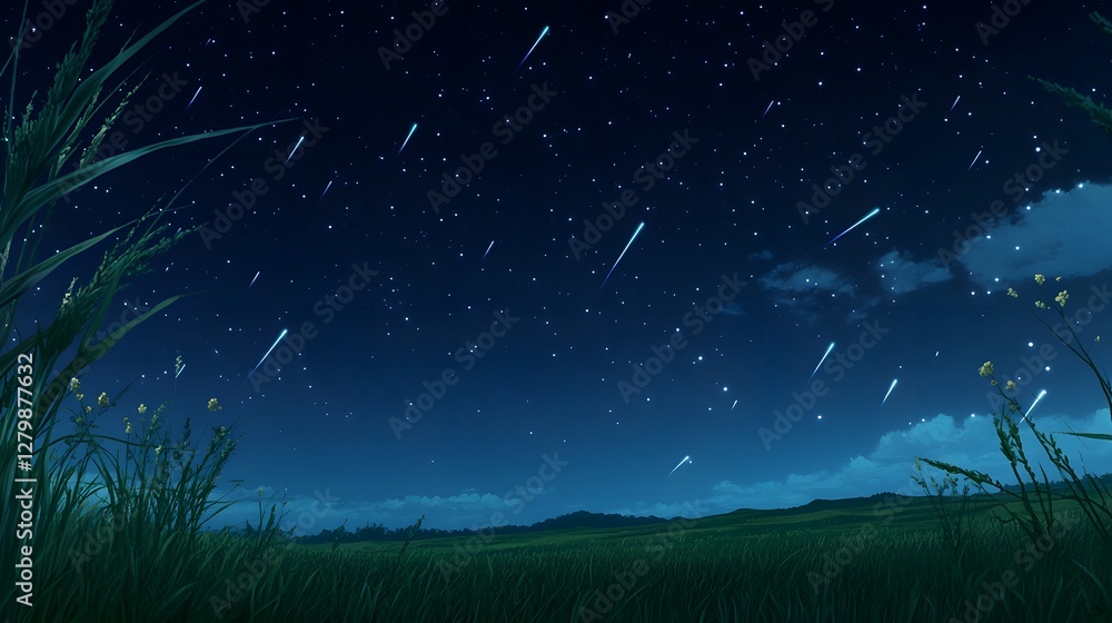 Serene night scene with numerous shooting stars streaking across a dark, starlit sky above a field of tall grass. Peaceful and dreamy atmosphere. Serene night scene with numerous shooting stars streaking across a dark, starlit sky above a field of tall grass. Peaceful and dreamy atmosphere.