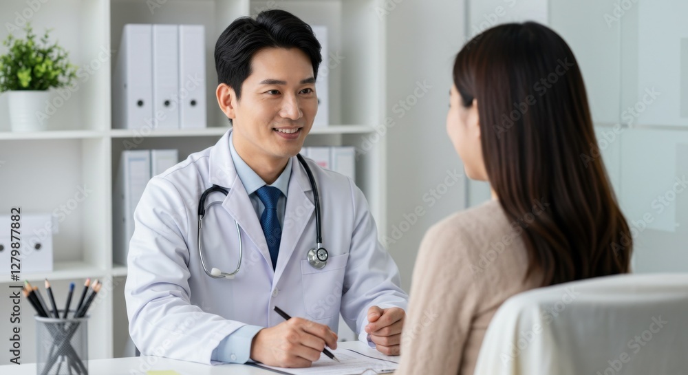 Conversation with doctor. Portrait of friendly male doctor happily listening to his female patient in medical office. Medic looks at woman in front of him. Concept of medicine, healthcare and people Conversation with doctor. Portrait of friendly male doctor happily listening to his female patient in medical office. Medic looks at woman in front of him. Concept of medicine, healthcare and people