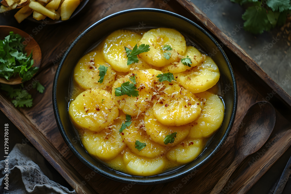 kolak pisang in a deep bowl, palm sugar syrup glistening kolak pisang in a deep bowl, palm sugar syrup glistening