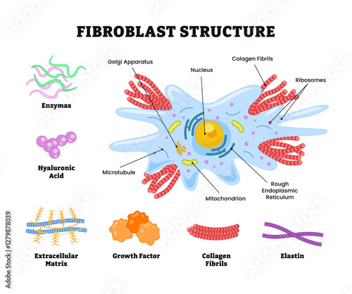 Fibroblast structure anatomy diagram poster design, labeled enzymes, hyaluronic acid, extracellular matrix, growth factor,collagen fibrils, elastin, microtubule,golgi apparatus, nucleus, mitochondrion