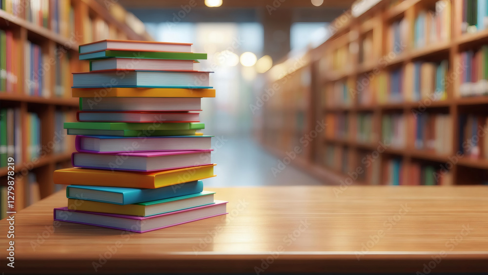 A stunning 3D render of a sleek, colorful book stack on a desk in a modern public library, featuring vibrant hues and ample copy space. Perfect for educational, literary, or creative projects. A stunning 3D render of a sleek, colorful book stack on a desk in a modern public library, featuring vibrant hues and ample copy space. Perfect for educational, literary, or creative projects.