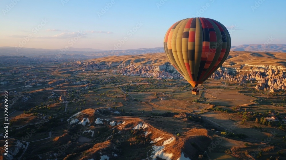 Hot air balloon over Cappadocia landscape at sunrise Hot air balloon over Cappadocia landscape at sunrise