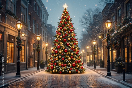 Christmas tree with red and gold ornaments on a snowy street with glowing lanterns and festive decorations, holiday background, winter celebration concept. Ai generative