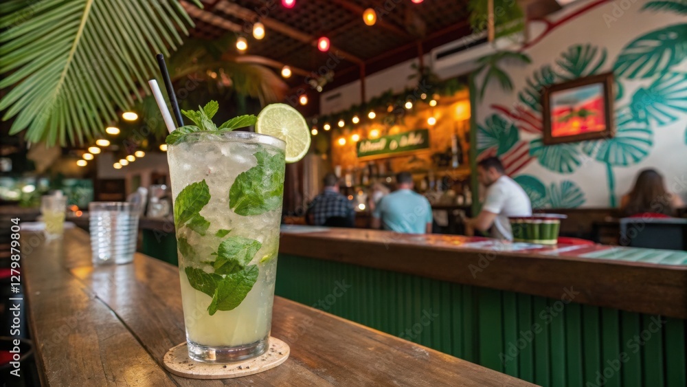 Mojito at the Bar: A refreshing mojito cocktail sits on a wooden bar with blurred background featuring the interior of a vibrant establishment, creating a sense of leisure and social gathering Mojito at the Bar: A refreshing mojito cocktail sits on a wooden bar with blurred background featuring the interior of a vibrant establishment, creating a sense of leisure and social gathering