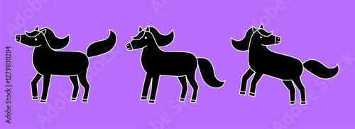 Solid black glyph icon of a horse, pony in profile set. Strong, simplified design perfect for digital interfaces, apps, and signage. High contrast for readability
