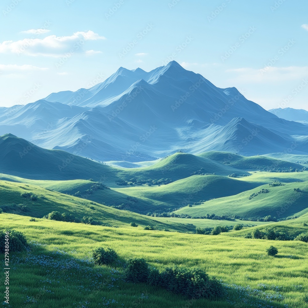 Naklejka premium Serene mountain range and lush green valley landscape under a clear sky.