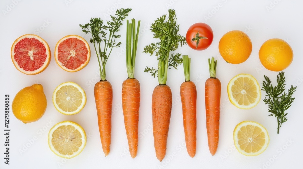 A detailed, realistic shot of fresh fruits and vegetables like carrots, lemons, and tomatoes arranged on a white background. A detailed, realistic shot of fresh fruits and vegetables like carrots, lemons, and tomatoes arranged on a white background.