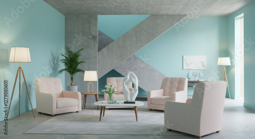 flat living room featuring pastel colors, turquoise walls, and a concrete staircase. armchairs, potted plants, a cozy carpet, and stylish lamps, metaphysical abstract with classic interior design.