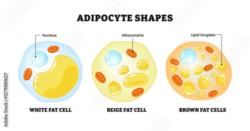 Different types of Adipocytes Shapes structure anatomy, labeled white fat cell, beige fat cell, brown fat cell, mitochondria, nucleus, lipid droplets. adipose tissue. Fat cell types. biology education