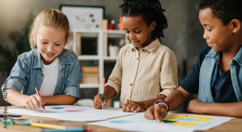 Three children are sitting at a table drawing Three children are sitting at a table drawing