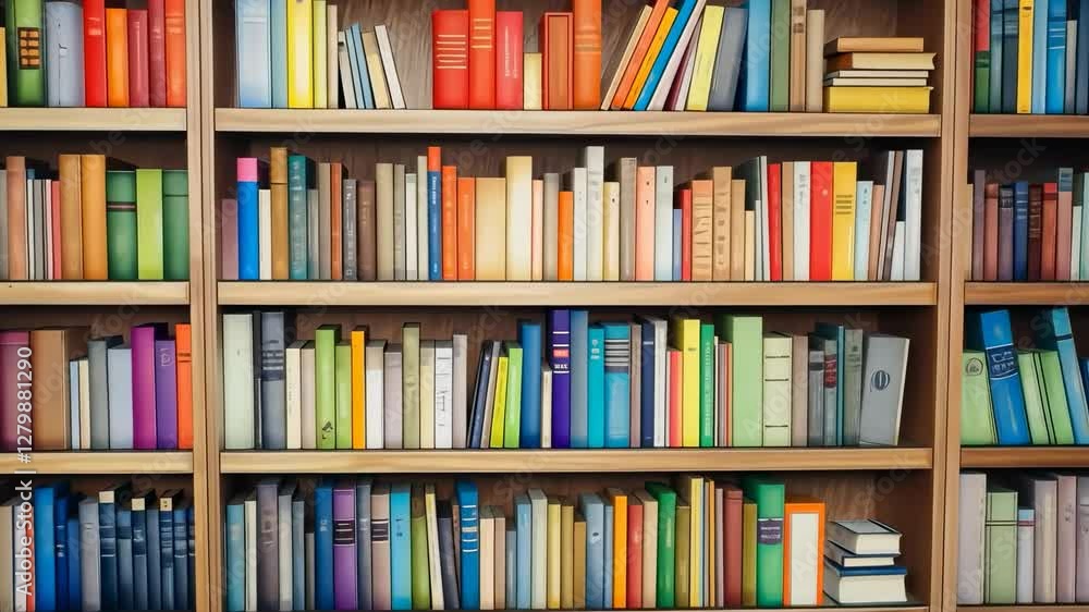 Colorful bookshelves filled with books in a neat arrangement. Front-facing angle captures a vibrant, organized library. Ideal for a video backdrop. Colorful bookshelves filled with books in a neat arrangement. Front-facing angle captures a vibrant, organized library. Ideal for a video backdrop.