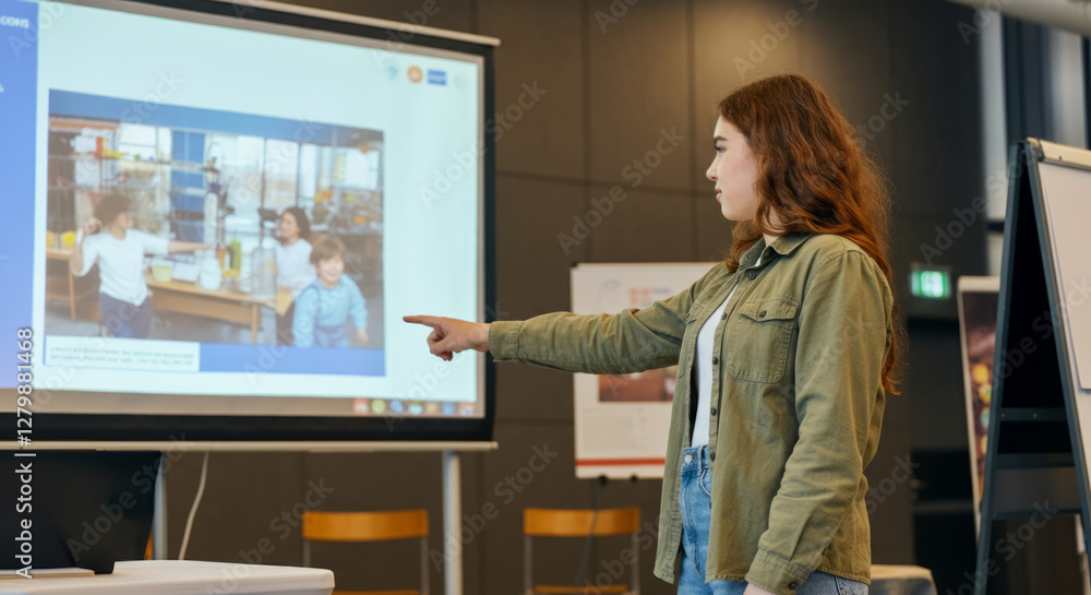 A woman points at a picture on a screen A woman points at a picture on a screen