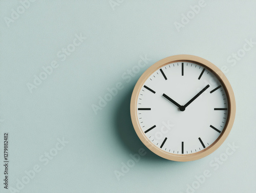 Wallpaper Mural simple analog clock hanging on light blue wall, showcasing minimalistic design and elegance. clock features wooden frame and clear markings, perfect for modern decor Torontodigital.ca