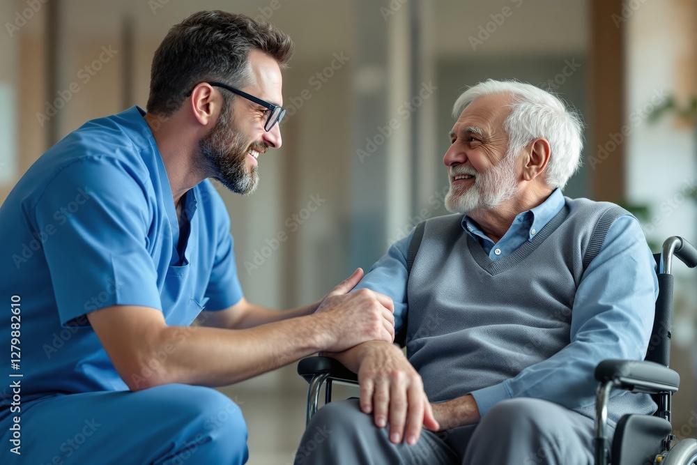 Obraz premium Male nurse in blue scrubs interacting with an elderly man in a wheelchair on a warm indoor background. Concept of healthcare, caregiving, and support. Ai generative