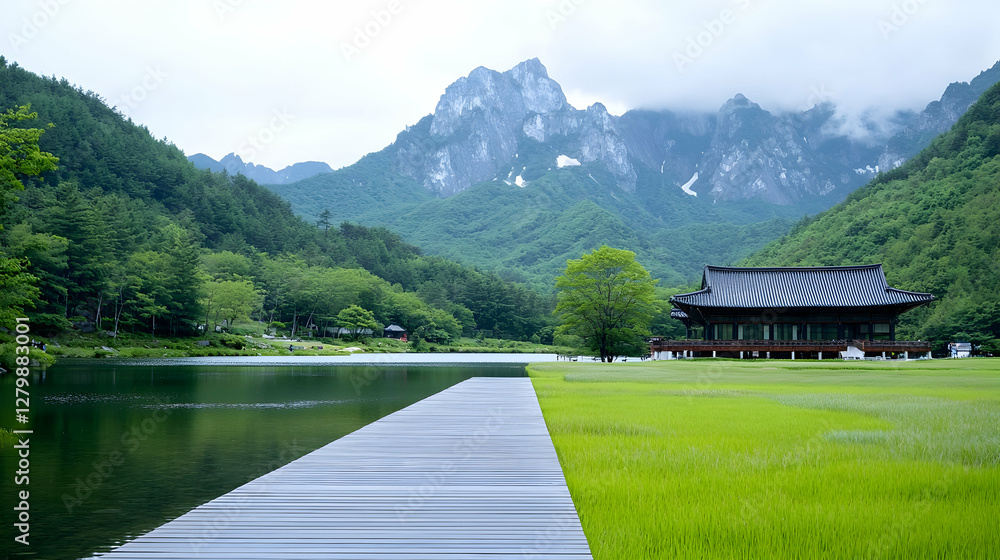 Fototapeta premium Traditional East Asian pavilion stands beside a calm lake and green lawn under misty mountains.
