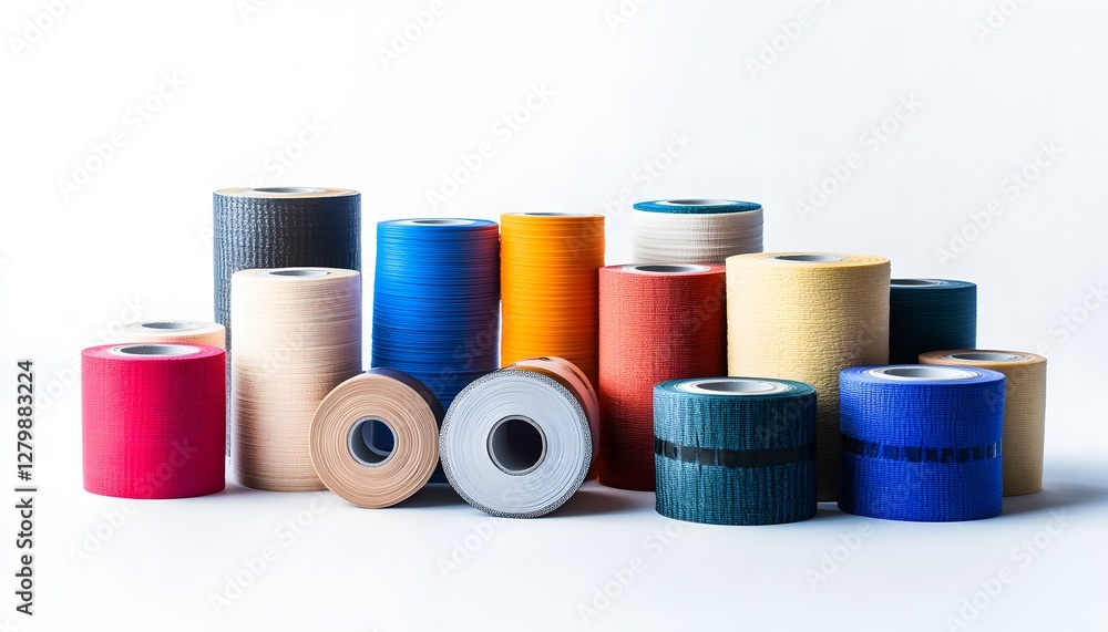 Colorful rolls of kinesiology tape arranged on a white surface Colorful rolls of kinesiology tape arranged on a white surface