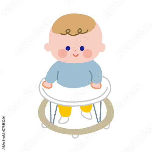 赤ちゃん用歩行器を使っている赤ちゃんの線なしカラーイラスト