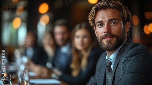 Confident businessman at business dinner, colleagues blurred background, corporate event