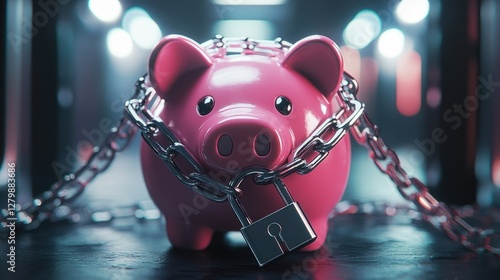 A chained pink piggy bank with a padlock, representing savings protection and financial safety.
