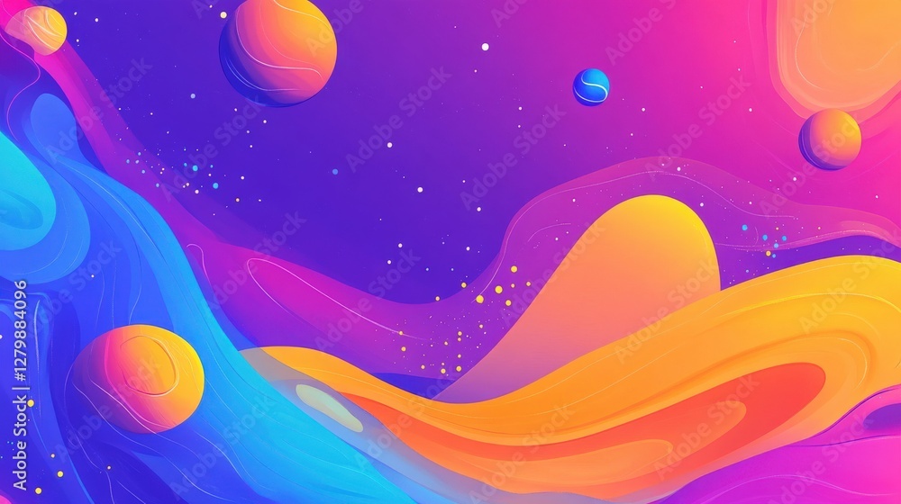 Fototapeta premium Vibrant cosmic landscape with colorful waves and planets in a starry background