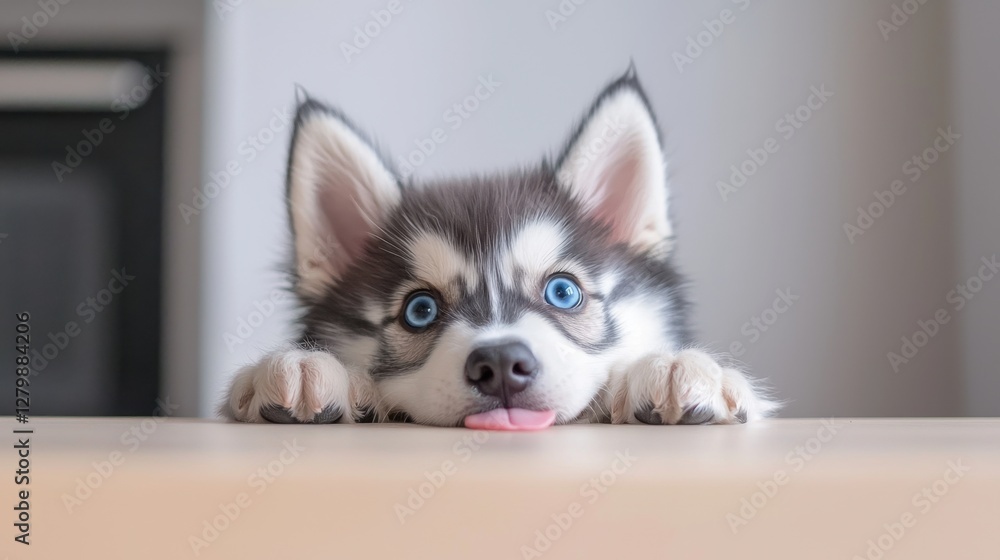 A fluffy Husky puppy with bright blue eyes peeking over a cream table, tongue out, waiting for a snack. Soft pastel background for a cozy touch. A fluffy Husky puppy with bright blue eyes peeking over a cream table, tongue out, waiting for a snack. Soft pastel background for a cozy touch.