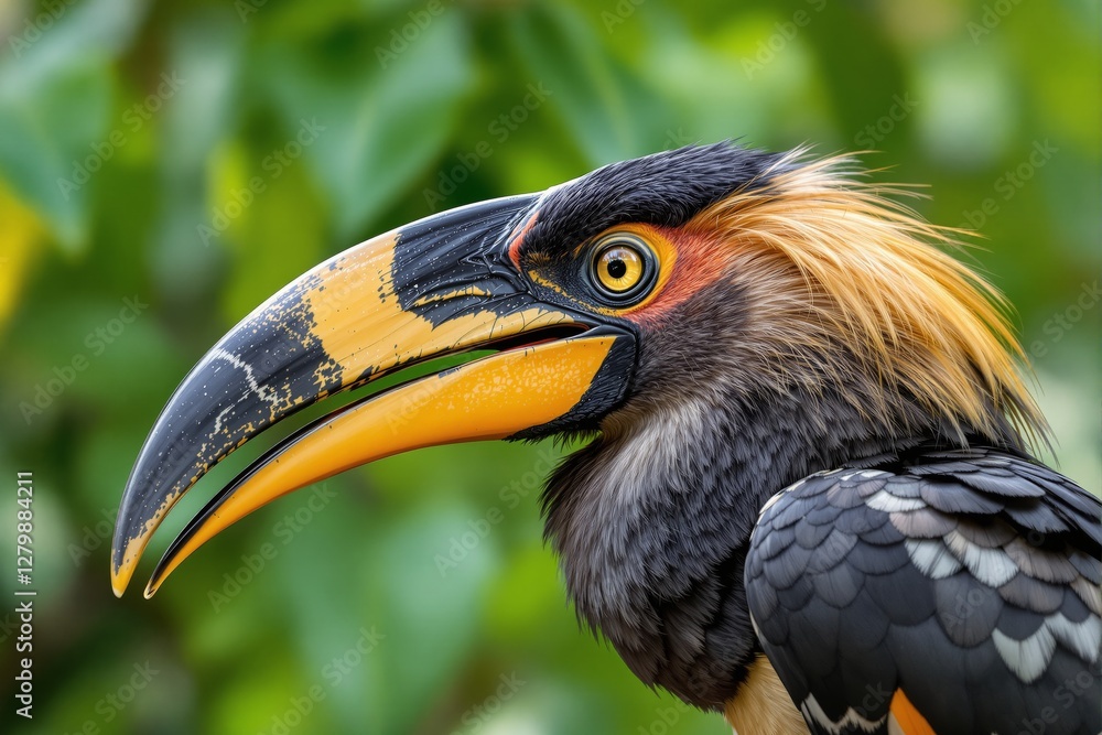 Detailed close-up of a hornbill bird with vibrant plumage and a striking beak against a lush green background. Concept of exotic wildlife beauty. Ai generative Detailed close-up of a hornbill bird with vibrant plumage and a striking beak against a lush green background. Concept of exotic wildlife beauty. Ai generative