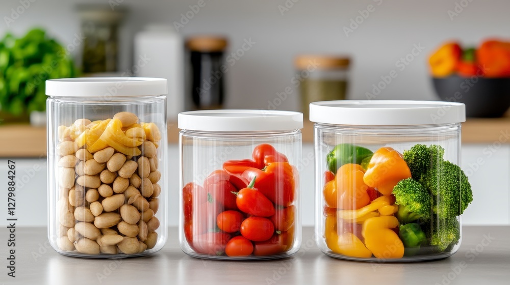 Fresh Vegetables and Nuts in Clear Glass Storage Containers Fresh Vegetables and Nuts in Clear Glass Storage Containers